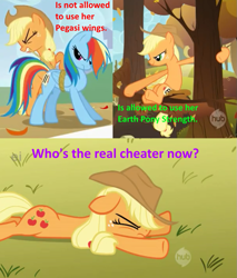 Size: 809x951 | Tagged: safe, derpibooru import, screencap, applejack, rainbow dash, earth pony, pegasus, pony, fall weather friends, bound wings, leaves, rope, text