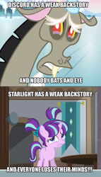 Size: 805x1407 | Tagged: safe, screencap, discord, starlight glimmer, pony, unicorn, keep calm and flutter on, the cutie re-mark, crying, debate in the comments, drama, everyone loses their minds, image macro, logic, meme, op is a cuck, op is trying to start shit, op started shit, sad, sad face, sadlight glimmer, starlight drama, starlight glimmer is worst pony