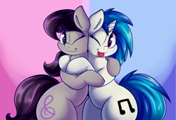 Size: 2500x1710 | Tagged: safe, artist:graphene, dj pon-3, octavia melody, vinyl scratch, earth pony, pony, unicorn, cute, female, hug, lesbian, missing accessory, one eye closed, scratchtavia, shipping, smiling, tavibetes, tongue out, vinylbetes, wink, wrong eye color