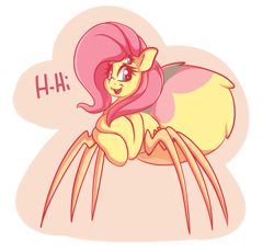 Size: 1800x1653 | Tagged: safe, artist:graphene, fluttershy, monster pony, original species, spiderpony, comic:children of everfree, cute, cute little fangs, fanart, fangs, hi, looking at you, multiple eyes, open mouth, shyabetes, simple background, smiling, solo, species swap, spidershy