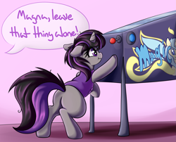 Size: 2629x2122 | Tagged: safe, artist:graphene, oc, oc only, oc:magna-save, pony, unicorn, blank flank, clothes, commission, dialogue, female, filly, pinball, pinball machine, scrunchy face, solo, speech bubble