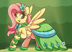 Size: 3000x2185 | Tagged: safe, artist:graphene, fluttershy, pegasus, pony, clothes, cute, dress, female, gala dress, looking at you, looking sideways, mare, one eye closed, open mouth, raised hoof, shyabetes, smiling, solo, spread wings, wings, wink