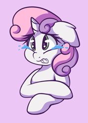 Size: 1280x1796 | Tagged: safe, artist:graphene, sweetie belle, pony, unicorn, crying, female, purple background, simple background, solo