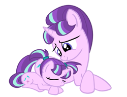 Size: 725x555 | Tagged: safe, artist:paking pie, starlight glimmer, pony, unicorn, the cutie re-mark, adopted offspring, cute, double the glimmer, eyes closed, female, filly, filly starlight glimmer, glimmerbetes, glimmerdoption, looking down, lying down, mama starlight, mare, parent:starlight glimmer, self ponidox, simple background, sleeping, vector, white background, younger