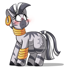 Size: 1280x1387 | Tagged: safe, artist:graphene, zecora, zebra, blushing, cute, ear piercing, female, piercing, shrunken pupils, simple background, solo, white background, zecorable