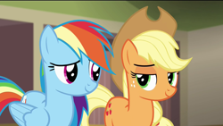 Size: 1920x1080 | Tagged: safe, derpibooru import, screencap, applejack, rainbow dash, earth pony, pegasus, pony, rarity takes manehattan, eye contact, lidded eyes, out of context, smiling