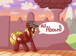 Size: 3000x2200 | Tagged: safe, artist:graphene, oc, oc only, oc:whistle stop, pony, hat, solo, train