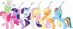 Size: 17320x6946 | Tagged: safe, artist:emedina13, derpibooru import, applejack, fluttershy, pinkie pie, rainbow dash, rarity, twilight sparkle, earth pony, pegasus, pony, unicorn, party of one, 2014, absurd resolution, butt touch, conga, happy new year, hat, hoof on butt, mane six, new year, party hat, simple background, transparent background, vector