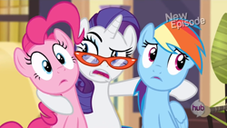 Size: 1440x810 | Tagged: safe, derpibooru import, screencap, pinkie pie, rainbow dash, rarity, earth pony, pegasus, pony, unicorn, rarity takes manehattan, awkward, d:, frown, hub logo, hubble, hug, raised eyebrow, rarity's glasses, uncomfortable, wide eyes