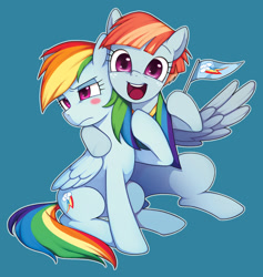 Size: 1280x1349 | Tagged: safe, artist:conte0226, derpibooru import, rainbow dash, windy whistles, pegasus, pony, blue background, blush sticker, blushing, cute, duo, embarrassed, female, flag, hug, mare, mother and child, mother and daughter, parent and child, simple background, windybetes