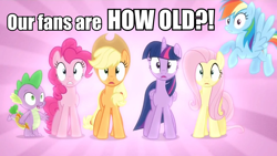 Size: 960x540 | Tagged: safe, derpibooru import, edit, edited screencap, screencap, applejack, fluttershy, pinkie pie, rainbow dash, spike, twilight sparkle, twilight sparkle (alicorn), alicorn, dragon, earth pony, pegasus, pony, rarity takes manehattan, anti-bronybait, dialogue, female, image macro, mare, shocked, surprised