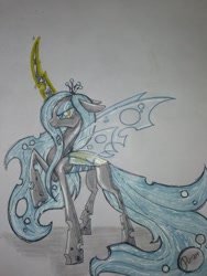 Size: 1024x1365 | Tagged: dead source, safe, artist:penkatshi, queen chrysalis, changeling, changeling queen, sketch, solo, traditional art