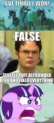 Size: 496x1124 | Tagged: safe, screencap, queen chrysalis, starlight glimmer, changeling, changeling queen, pony, unicorn, alternate timeline, chrysalis resistance timeline, dwight schrute, exploitable meme, fail, image macro, insane troll logic, meme, op failed at starting shit, op is a cuck, op is trying to start shit