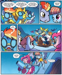 Size: 1316x1590 | Tagged: safe, artist:agnesgarbowska, derpibooru import, idw, bow hothoof, pinkie pie, rainbow dash, soarin', spitfire, windy whistles, dragon, earth pony, pegasus, pony, spoiler:comic, spoiler:comic55, party cannon, rainbow dash's parents