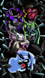 Size: 600x1031 | Tagged: safe, artist:cinder42, discord, king sombra, lord tirek, nightmare moon, queen chrysalis, changeling, changeling queen, pony, unicorn, antagonist, black vine, sharp teeth