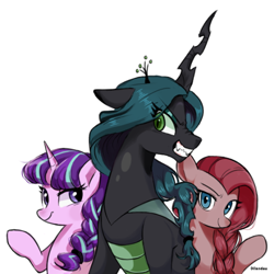 Size: 540x540 | Tagged: safe, artist:dilandau203, pinkie pie, queen chrysalis, starlight glimmer, changeling, changeling queen, earth pony, pony, unicorn, alternate hairstyle, braid, female, grin, mare, pinkamena diane pie, raised hoof, signature, simple background, sitting, slit eyes, smiling, smirk, trio, white background