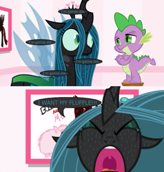 Size: 845x888 | Tagged: safe, artist:mixermike622, edit, queen chrysalis, spike, oc, oc:fluffle puff, oc:marksaline, changeling, changeling queen, dragon, anxiety, crying, cute, cutealis, damsel in distress, dialogue, dork, duo, fear, female, fluffle puff tales, help me, helpless, intimidating, logic, looking at each other, male, nervous, open mouth, panic, panic attack, ptsd, scared, screaming, size difference, stool, sweat, teary eyes, text, thought bubble, tumblr:ask fluffle puff, wat, whining