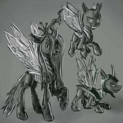 Size: 4000x4000 | Tagged: safe, artist:whazzam95, queen chrysalis, changeling, changeling queen, changeling officer, female, helmet, monochrome