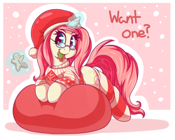 Size: 3500x2800 | Tagged: safe, artist:graphene, oc, oc only, oc:rose pendant, pony, unicorn, beanbag chair, christmas, clothes, dialogue, female, gingerbread man, glasses, glowing horn, hat, holiday, levitation, magic, mare, mouth hold, santa hat, smiling, socks, solo, striped socks, sweater, telekinesis