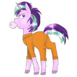 Size: 500x500 | Tagged: safe, artist:biscuitcafe, starlight glimmer, pony, unicorn, ask, bubblegum, clothes, dock, food, horn ring, magic suppression, prison outfit, prisoner, solo, starlight gets what's coming to her, tumblr