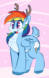 Size: 693x1087 | Tagged: safe, artist:graphene, rainbow dash, reindeer, antlers, cute, dashabetes, female, open mouth, reindeer dash, smiling, solo, species swap, unshorn fetlocks