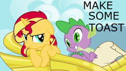 Size: 960x540 | Tagged: safe, artist:bubblestormx, spike, sunset shimmer, dragon, pony, unicorn, toast