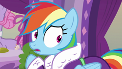 Size: 1280x720 | Tagged: safe, derpibooru import, screencap, lavender essence, rainbow dash, pegasus, pony, applejack's "day" off, bathrobe, clothes, rainbow dash is best facemaker, robe