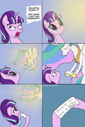 Size: 1280x1920 | Tagged: safe, artist:zoarvek, princess celestia, starlight glimmer, alicorn, pony, unicorn, :o, angry, celestia's message to starlight, comic, derp, dilated pupils, drama, exclamation point, eyes closed, female, floppy ears, flying, glare, glow, hoof hold, hoof shoes, interrobang, jewelry, looking up, mare, meme, meme origin, open mouth, parody, question mark, regalia, shrunken pupils, smiling, spread wings, starlight drama, starlight gets what's coming to her, starlight glimmer is worst pony, vulgar