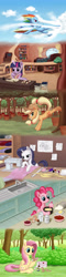 Size: 1414x5919 | Tagged: safe, artist:dannylim86, derpibooru import, applejack, fluttershy, pinkie pie, rainbow dash, rarity, twilight sparkle, earth pony, pegasus, pony, squirrel, unicorn, a day in the life, animal, applebucking, baking, book, cooking, first aid, first aid kit, golden oaks library, kitchen, library, mane six, sewing, working, writing