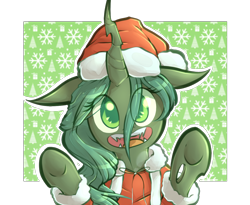 Size: 1230x1010 | Tagged: safe, artist:spikedmauler, queen chrysalis, changeling, changeling queen, adorkable, christmas tree, clothes, cute, cutealis, dork, fangs, hat, looking at you, open mouth, santa costume, santa hat, snow, snowflake, solo