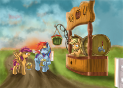 Size: 1400x1000 | Tagged: safe, artist:redheadfly, derpibooru import, applejack, rainbow dash, scootaloo, earth pony, pegasus, pony, apple cider, cider, cowboy hat, dirt path, female, hat, hoof hold, open mouth, scenery, sour, stall, stetson