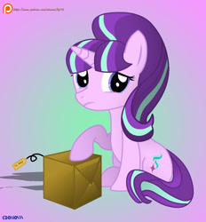 Size: 721x777 | Tagged: safe, artist:edonovaillustrator, starlight glimmer, unicorn, box, female, mare, patreon, patreon logo, present, s5 starlight, sad, sad face, sadlight glimmer, solo