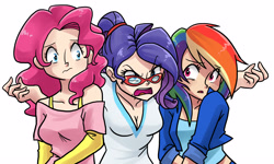 Size: 4500x2700 | Tagged: safe, artist:kianamai, derpibooru import, pinkie pie, rainbow dash, rarity, human, rarity takes manehattan, angry, cleavage, female, glasses, humanized, light skin, midriff, ponytail, scene interpretation