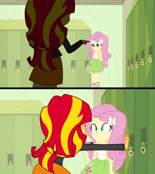 Size: 1152x1290 | Tagged: safe, screencap, fluttershy, sunset shimmer, equestria girls, clothes, female, multicolored hair