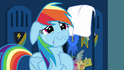 Size: 1280x720 | Tagged: safe, derpibooru import, screencap, rainbow dash, pegasus, pony, parental glideance, crying, faic, sad, solo