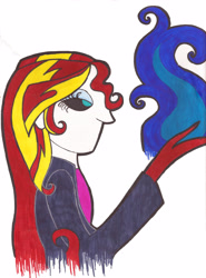 Size: 2531x3420 | Tagged: safe, artist:grocerystorephobic, sunset shimmer, equestria girls, fiery shimmer, fire, humanized, pyromancy, solo, traditional art, uncolored skin