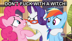 Size: 800x450 | Tagged: safe, derpibooru import, pinkie pie, rainbow dash, rarity, earth pony, pegasus, pony, unicorn, rarity takes manehattan, angry, bayonetta, glasses, image macro, vulgar