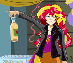 Size: 963x829 | Tagged: safe, artist:frankaraya, sunset shimmer, equestria girls, apple cider, biker jacket, bottle, scene interpretation, solo