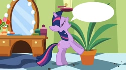 Size: 854x475 | Tagged: safe, derpibooru import, edit, edited screencap, screencap, twilight sparkle, green isn't your color, blank, exploitable, exploitable meme, meme, ponyville secrets, potted plant, secret pot meme, solo, speech bubble, template, twilight's confessions