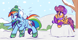 Size: 2800x1461 | Tagged: safe, artist:graphene, rainbow dash, scootaloo, pegasus, pony, clothes, cute, cutealoo, dashabetes, earmuffs, hat, mittens, scarf, scootalove, smiling, snow, snowball, snowball fight, winter