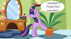 Size: 854x475 | Tagged: safe, derpibooru import, edit, edited screencap, screencap, twilight sparkle, green isn't your color, exploitable meme, forced meme, poop, potted plant, secret pot meme, solo, speech bubble, text