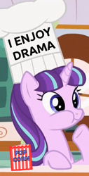 Size: 304x600 | Tagged: safe, edit, edited screencap, screencap, starlight glimmer, pony, unicorn, the cutie re-mark, :t, drama, food, hilarious in hindsight, needs more jpeg, nom, popcorn, puffy cheeks, reaction image, smiling, solo, starlight drama