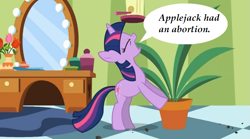 Size: 851x474 | Tagged: safe, derpibooru import, edit, edited screencap, screencap, twilight sparkle, pony, green isn't your color, abortion, exploitable meme, forced meme, meme, potted plant, secret pot meme, solo, speech bubble