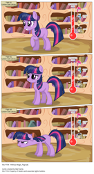 Size: 3300x6067 | Tagged: safe, artist:perfectblue97, derpibooru import, applejack, cranky doodle donkey, pinkie pie, rainbow dash, twilight sparkle, earth pony, pegasus, pony, comic:without magic, absurd resolution, blank flank, book, bookshelf, comic, earth pony twilight, golden oaks library, thermometer