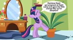 Size: 854x475 | Tagged: safe, derpibooru import, edit, edited screencap, screencap, twilight sparkle, pony, green isn't your color, exploitable meme, forced meme, meme, ponyville secrets, potted plant, secret pot meme, solo, speech bubble, twilight's confessions