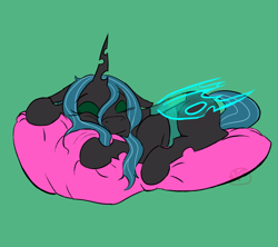 Size: 1000x888 | Tagged: safe, artist:ryuredwings, queen chrysalis, changeling, changeling queen, cute, cutealis, female, filly, filly queen chrysalis, pillow, solo