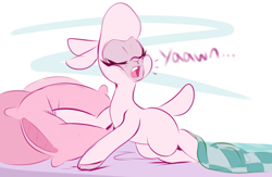 Size: 2167x1413 | Tagged: safe, artist:graphene, pom lamb, lamb, sheep, them's fightin' herds, bed, community related, cute, eyes closed, female, open mouth, pillow, solo, yawn