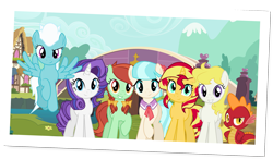 Size: 2301x1344 | Tagged: safe, artist:bubblestormx, candy apples, coco pommel, fleetfoot, glory, spike, sunset shimmer, surprise, dragon, pony, alternate mane six, alternate universe, apple family member, cermella, palette swap