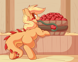 Size: 3500x2808 | Tagged: safe, artist:graphene, applejack, monster pony, original species, pony, tatzlpony, apple, food, looking at you, looking back, looking back at you, monster mare, solo, species swap, tatzljack