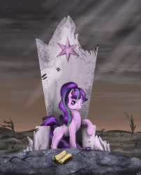 Size: 2125x2626 | Tagged: safe, artist:vinicius040598, starlight glimmer, pony, unicorn, the cutie re-mark, alternate timeline, ashlands timeline, bad end, barren, cutie map, eye scar, female, friendship throne, looking at you, mare, post-apocalyptic, scar, scroll, solo, this will end in communism, throne, wasteland